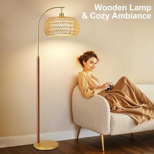 Image of Wood Arc Floor Lamps for Living Room,Boho Rattan Floor Lamp with Remote Control & 3 Color Temperatures,Dimmable Mid Century Modern Standing Lamp Farmhouse Vintage Tall Floor Lamp For Bedroom Corner