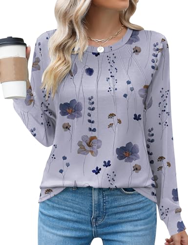 Rapbin Long Sleeve Blouses for Women Round Neck Pleated Shirts Summer Holiday Tops,Grey,XL