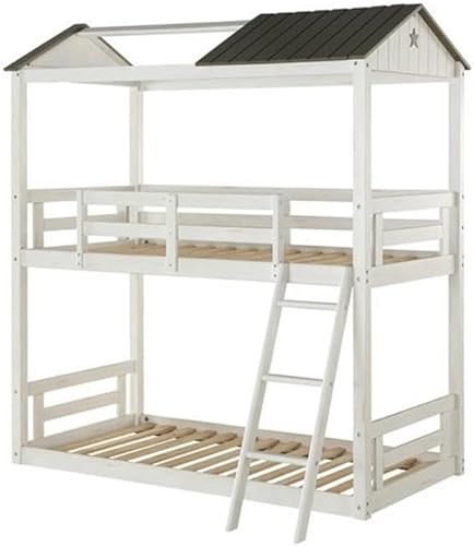 Acme Nadine Cottage - Litera de tamaño individual sobre individual, color blanco desgastado y gris