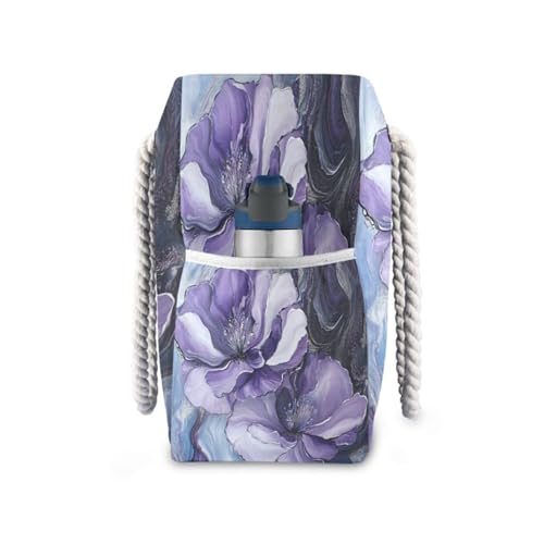 Purple Marble Flowers Beach Bag & Travel Tote Bag Large Sandproof with Zipper Closure, Wet Pouch for Swim Gym Travel, Lightweight Foldable Outdoor Bag3