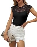 Hount Top Damen Spitze Rundhalsausschnitt Elegant Flügelärmel Bluse Einfarbige Rippenstrick Shirt (L, Schwarz)