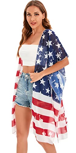 Image of DDSOL Women's American Flag Kimono Cover up Beachwear Cardigan Loose Tops Shirt Blouse
