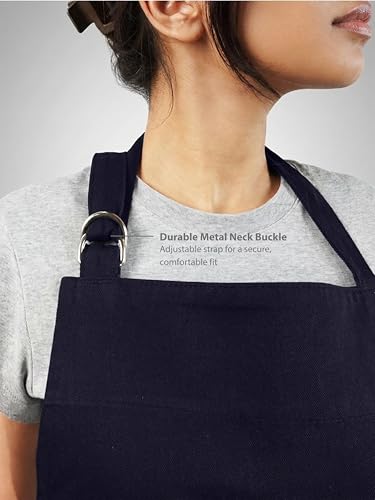 Image of Kitchen Apron - 100% Cotton, Adjustable Neck strap, Large Pocket - Unisex Apron for Men & Women - Cooking, Baking, BBQ, Gardening - Solid Colours, Striped and Checkered Patterns