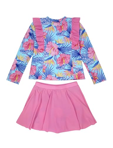 Image of Girls Rash Guard Swimsuit Set Long Sleeve 2 Pieces Bathing Suit Swimming Skirt with Shorts 4-13Y