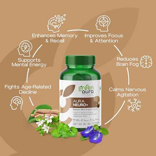 Image of Green Aura Neuro+ Ayurvedic Brain Supplement for Memory, Focus & Clarity | Herbal Capsules with Brahmi, Ashwagandha, Shankhpushpi & Gotu Kola | Mental Energy & Nerve Health - 60 Veg Capsules