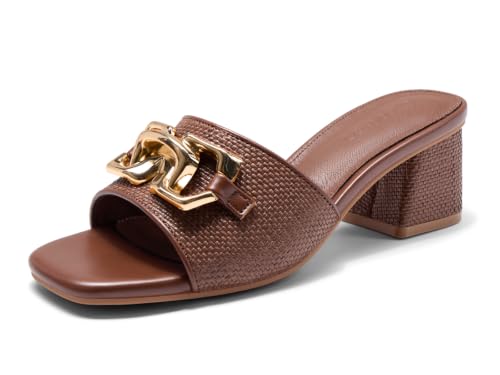 Image of Coutgo Womens Raffia Slide Sandals Chunky Block Heeled Square Open Toe Metal Chain Slip on Mules Dressy Shoes