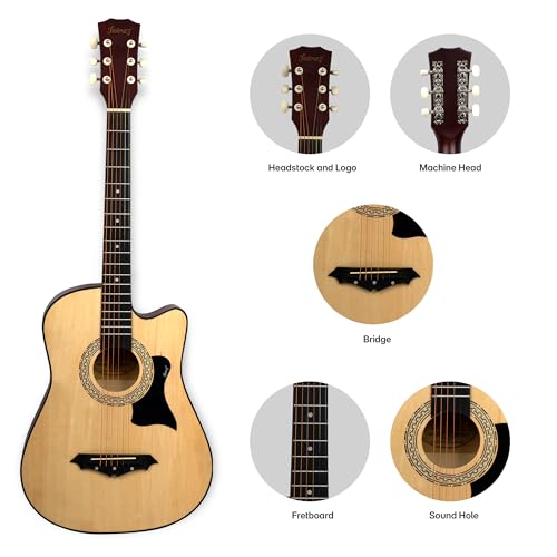 Image of JUAREZ 38 Inch Cutaway Acoustic Guitar Kit with Pick Guard | ABS Neck & Fingerboard | Linden Wood Body | Steel Strings | Natural Khaki | Guitar Bag, Strap, Picks & Spare Strings, JRZ38CAB-NAT-KIT
