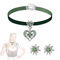 HABNI 3 Stück Trachtenschmuck Set Bayerisch Schmuck Trachtenkette Mit Strass Herz Anhänger Und Ohrstecker Für Damen Bierfest Trachten Outfit Accessoires Grün