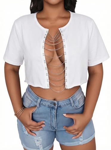 Hilinker Women's Sexy Crop Tops Summer Cut Out Chain Shirts Short Sleeve Cropped Tee White X-Large