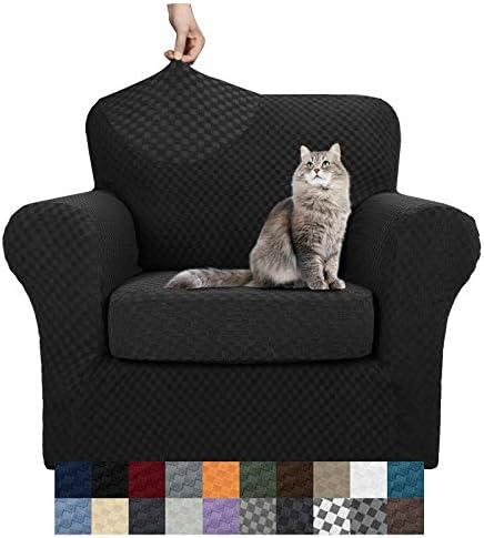 YEMYHOM Latest Checkered 2 Pieces Chair Covers for Living Room High Stretch Thickened Chair Slipcovers with Arms Anti Slip Elastic Armchair Sofa Couch Slipcover Protector (Black), 31″-46″(1 Cushion)