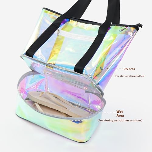 Iridescent Clear Beach Bag For Women Waterproof Large Gym & Swim Bag with Dry-Wet Compartments Large Pool Tote3