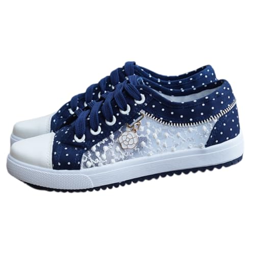 Women's Blue Denim Dots Mesh Sneakers with Floral Pedant | Breathable Lace-Up Flat Shoes for Summer Casual & Fashion Sneakers