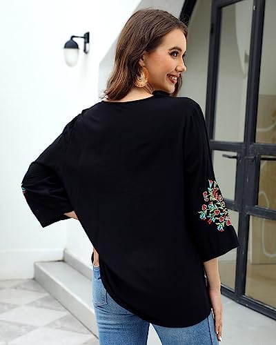 AK Women's Bohemian Embroidered Top – 3/4 Sleeve Floral Peasant Blouse, Loose Tunic (Rayon) - View #9