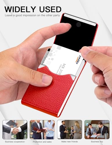 Image of Padike Leather Business Card Holder for Women Leather Stainless Steel Business Card Case with Magnetic Shut (Red)
