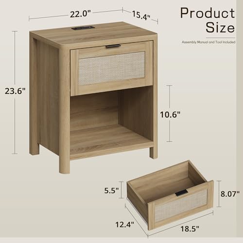Image of Boho Nightstand with Charging Station, Large Bedside Table with Drawer & Open Storage Shelf, Mid-Century Modern End Table Rattan-Look Drawer, Accent Side Table with Rounded Corners for Bedroom