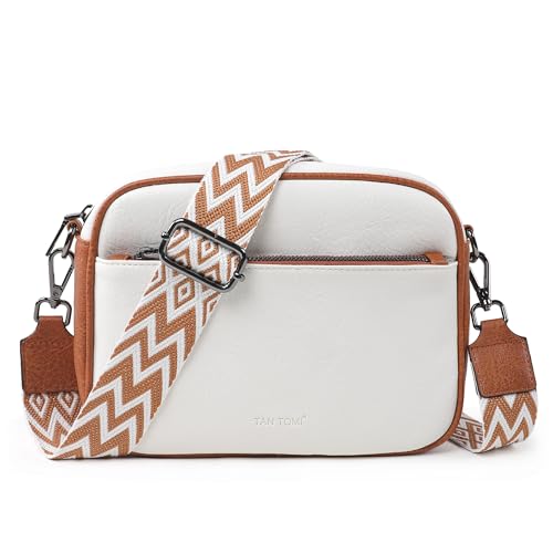 TANTOMI Crossbody Bags for Women Trendy,Vegan Leather Crossbody Purses for Women Small Shoulder Bag Handbags with Wide Strap (White/Light Brown)