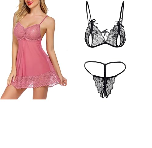 Image of SSoShHub Lace Babydoll Lingerie Sexy Mini Chemise Mesh Wedding Nightie Bridal Nightdress with Bikini