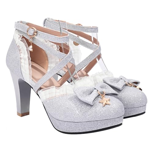 Women's Glitter Chunky High Heels Mary Jane Pumps Shoes Round Toe Platform Bow Lolita Party Dress Shoe2