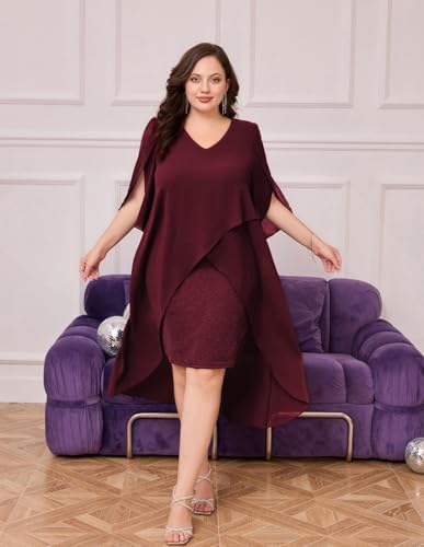 Image of Hanna Nikole Womens Plus Size Chiffon Cocktail Dress Ruffle 3 /4 Sleeve Wedding Guest Party Dresses with High Low Hem