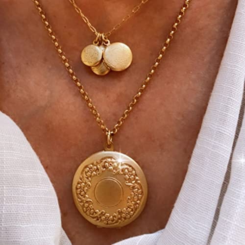 La Vie Parisienne Little Charm Locket Picture Pendant Necklace Floral Engraved Design Vintage Medium Small Lockets, 18", 14K Gold Plated #TOP2