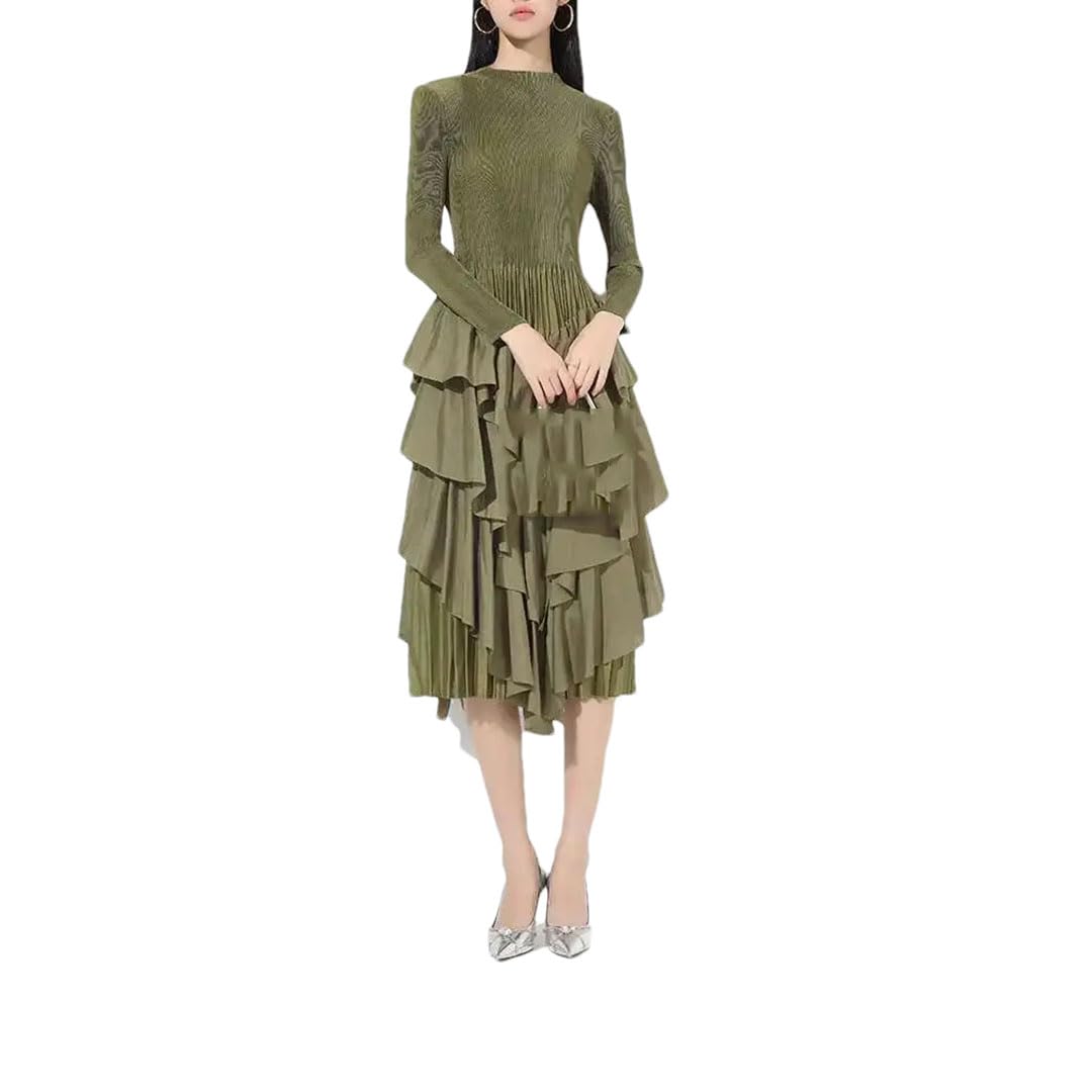 Hndudnff Womens Pleated Mid-Length Dress Long Sleeve Irregular Ruffle Patchwork A-Line Skirt