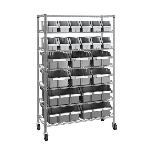 Image of 7-Tier NSF 22-Bin Steel Wire Shelving Rack, 36 inchW x 14 inchD x 56 inchH, Gray | 22 slide-out bins with tilt-lock design keep supplies organized and accessible