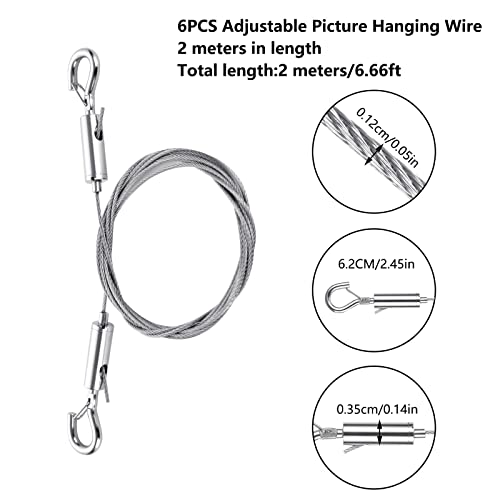 Image of 6PCS Adjustable Picture Hanging Wire，2m x1.5mm Picture Frame Wire with Hook，6.66ft Length 304 Stainless Steel Picture Wire Hanging Kit, 0.05 in Picture Wire for Hanging Pictures and Mirrors
