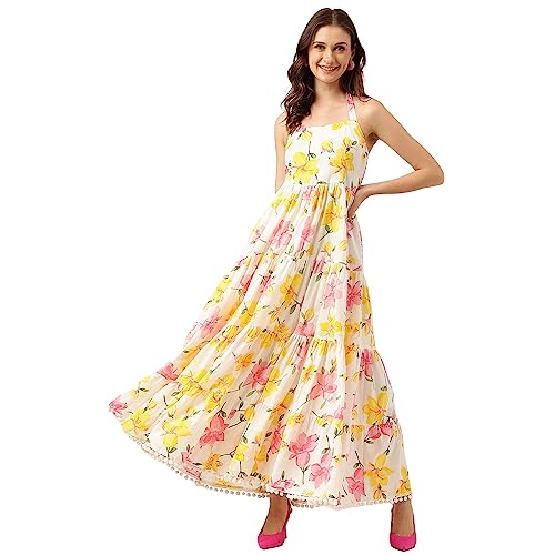Image of Divena Rayon Cream A-Line Floral Printed Midi Dress