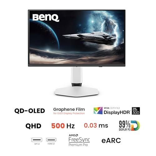 Image of BenQ MOBIUZ EX271QZ 27 inch 2K QHD 3rd Gen QD-OLED 500Hz Gaming Monitor| 0.03ms GtG|HDMI 2.1, DP 1.4|USB-C|99% DCI-P3|AMD FreeSync Premium Pro|Game Art Mode|Height,Swivel, Tilt Adjustable(White)