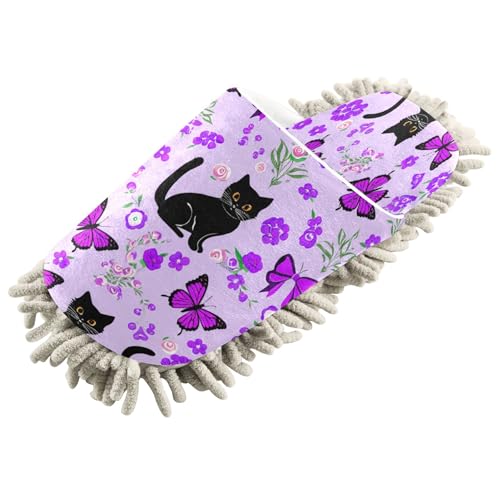 Kigai Black Cats Mop Slippers for Floor Cleaning, Slippers for Women Men, Microfiber Floor Cleaning, M