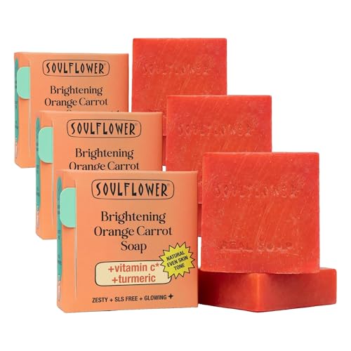 Image of Soulflower Brightening Orange Carrot Soap for Glowing Skin | Deep Cleansing Handmade Bathing Bar For Hard Water with Ginger & Vitamin E | Helps Revive Dull Skin & Refreshes Skin | All Skin Types|100g