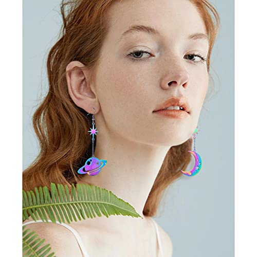 REELMAR Space Dangle Earrings for Women Asymmetrical Celestial Moon Star Saturn Earrings Dangling Crescent Moon Planet Drops Gorgeous Mysterious Space Statement Jewelry3