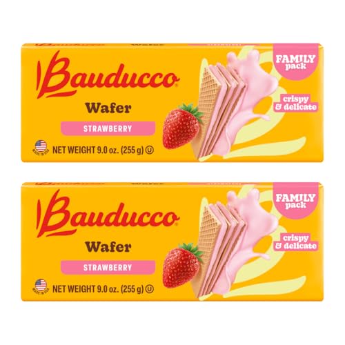 Image of Bauducco Wafer Cookies, Strawberry, 9.0 oz (Pack of 2) - Crispy Triple-Layered Wafers with Rich Chocolate Cream Filling - Indulgent Sweet Snack - No Artificial Flavors - Family Pack Dessert.