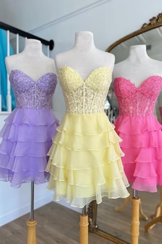 Tiered Lace Homecoming Dress Corset Strapless Chiffon Ruffle A Line Cocktail Sweet 16 Party Ball Gowns with Slit4