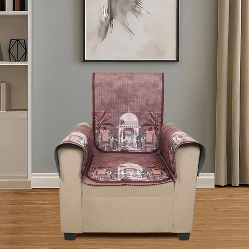 Image of Velvet 3 Seater Sofa Cover with 6 Seat and Back Covers, 2 Hand Rest Covers - Elephant dome Design - Washable Fabric - Stylish Sofa Cover for Modern Living Room (Maroon, 3 Seater With Arm Covers)