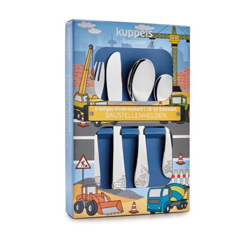 Kinderbesteck Set 4-teilig mit Motiv - personalisiertes Kinderbesteck – Namensgravur auf Messer, Gabel, Löffel & Kaffeelöffel – individuelles Geschenk zur Geburt, Taufe, Geburtstag (BAUSTELLENFREUNDE)