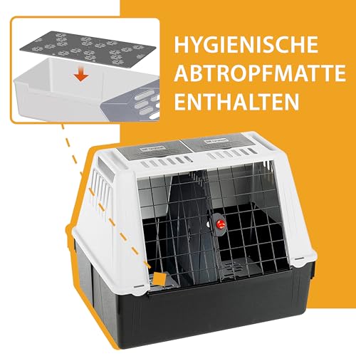 Ferplast Hundebox Auto Atlas CAR 80, Ablagefach, Doppelte Schiebeöffnung mit Sicherheitshaken, Abtropfmatte L 82 x W 51 x H 61 cm – Max 20 kg