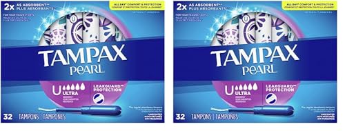 Tampax Pearl Tampons Ultra Absorbency with Leakguard Braid, Unscented, 32Count (Pack of 2)