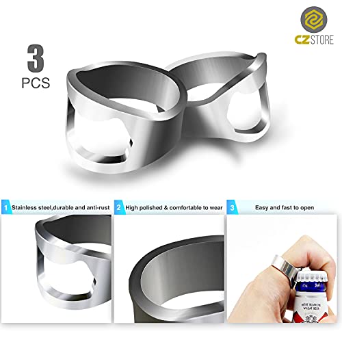 Cz Store Mini Bottle Opener Ring ✮Lifetime Guaranteed✮ Novelty Tool For Removing Soda Or Beer Crown Seals & Caps - Stainless Steel With Nickel Finish 3-Pack : 0.79”, 0.87”, 0.95” Sizes #TOP2