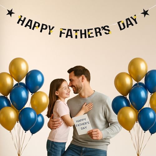 Image of Happy Father's Day Glitter Black Beer Bunting Banner for Dad Father's Party Decorations Backdrop Garland for Father's Day (Black Gold Star)