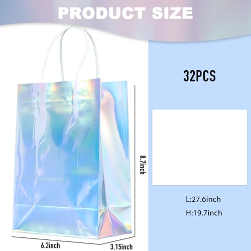 Image of BLEWINDZ 32Pcs Small Paper Gift Bags with Tissues, Iridescent Party Favor Bags with Handles, Holographic Silver Gift Bag for Wedding Baby Shower Birthday Party Supplies