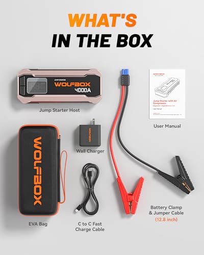 Image of WOLFBOX 4000A Jump Starter,12V Car Battery Jumper Starter Portable with 65W Quick Charger,LED Display,88.8Wh Booster Jump Box Pack (10L Gas 10L Diesel Engine) with LED Light,Jumper Cables, Rose Gold