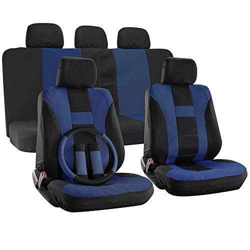 OxGord Flat Cloth Mesh H Stripe Seat Cover- Blue/Black - Universal Fit for Car, Truck, SUV, or Van Steering Wheel Cover