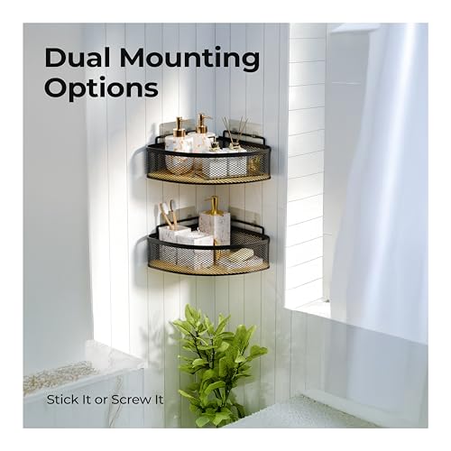 Image of Lifelong Bathroom Corner Shelf for Storage | Pack of 2 | Mesh Wire Basket with Bamboo Tray | Dual Installation - Adhesive Sticker & Screws | Strong and Durable, Easy Install (Black, LLHIBCB01)