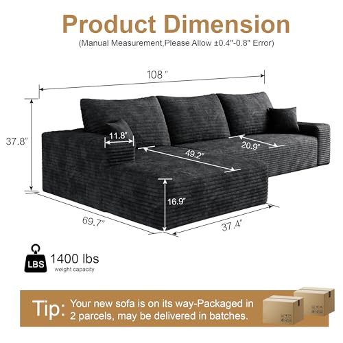 Image of 96 inch Sectional Couches for Living Room Cloud Couch Sofa with L-Shape Upholstered Boneless Couchs Modern Modular Sectional Couch with Chaise
