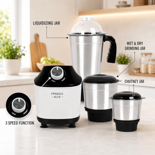 Image of Pringle Alfa 550W 3 Jar Mixer Grinder for Kitchen | 3 SS Jars (Liquidizing, Wet & Dry Grinder & Chutney) | Stainless Steel Blades | Compact & Powerful | 5 Yr Warranty | Black White