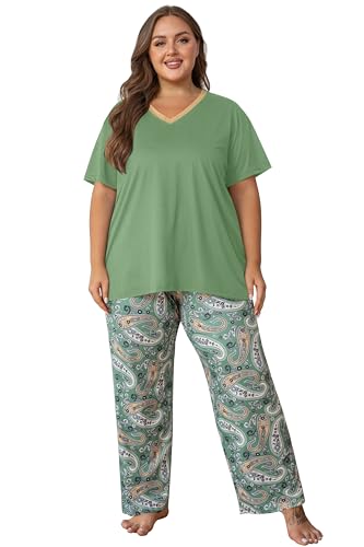Image of Vozanet Women's Pajama Sets Short Sleeve with Long Pant Soft Sleepwear Printed pj Loungewear With TWO Pockets Size 1X to 5X