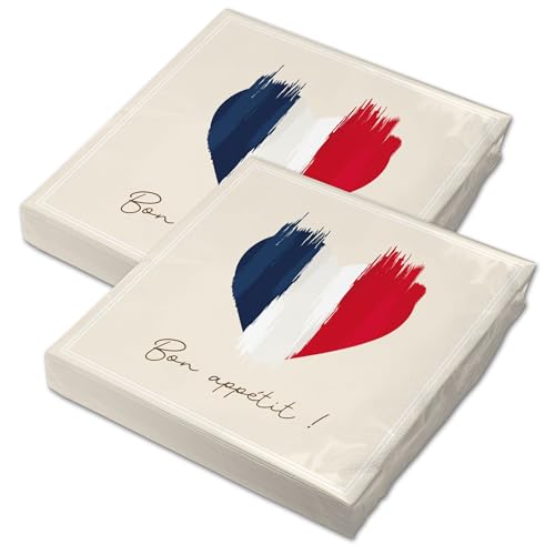 itenga 40x Servietten Frankreich Flagge Herz 30x30 cm 3-lagig – Bon appétit – Papier-Servietten - Tischdeko französisch