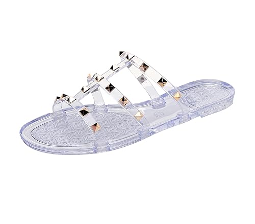 Image of Women Flats Sandals, Studded Jelly Shoes Size 9 Red Dressy Summer Beach Rivets Strappy Jellies Slide Slip On Open Toes