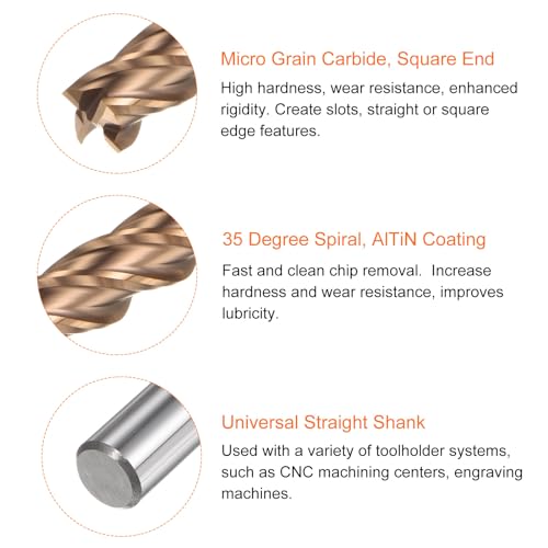 Image of HARFINGTON Micro Grain Carbide Square End Mill 5 /16 inch x 15 /16 inch (8mm x 24mm) Cut 5 /16 inch (8mm) Shank 2-3 /8 inch (60mm) Length AlTiN Coated 4 Flutes Square Nose Cutter for Alloy Steel Hardened Steel